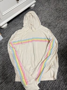 Spiritual Gangster Cream Hoodie with rainbow lines